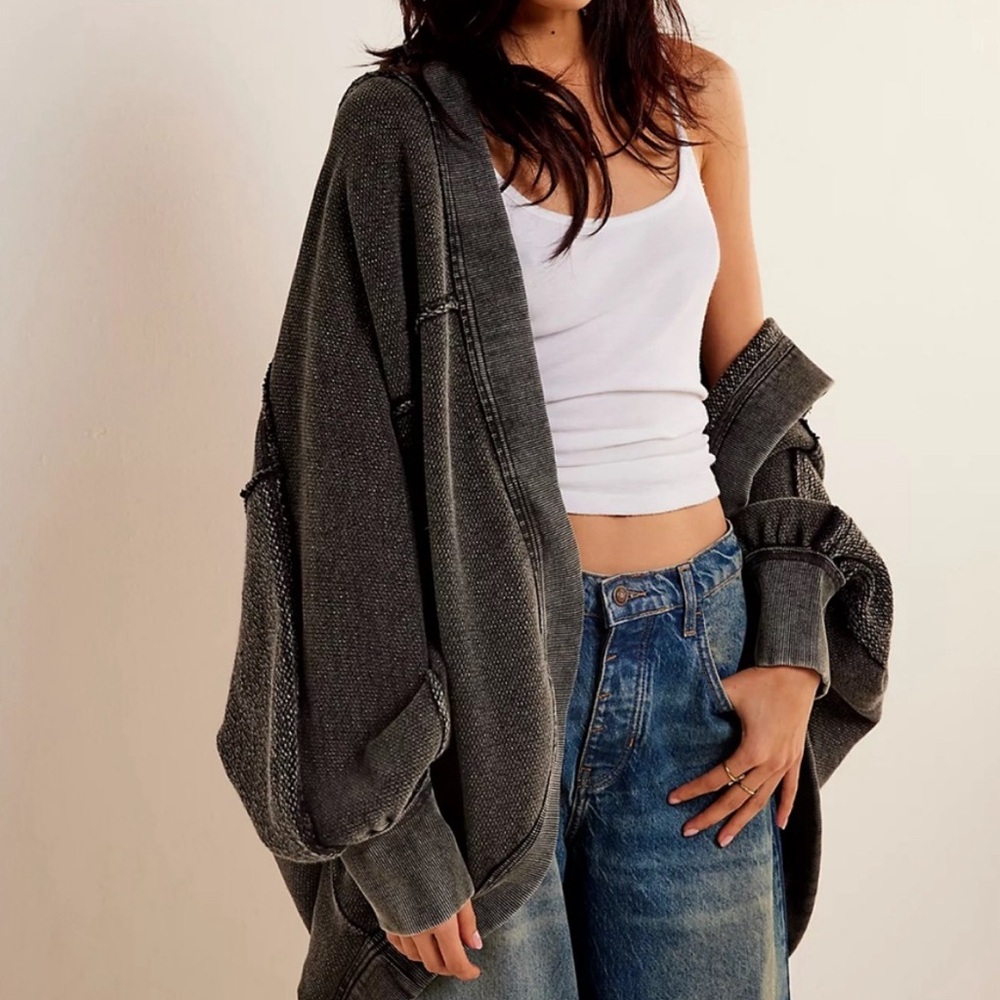 Free People We The Free Forever Yours Cardi Washed Black Slouchy Hood Heavy-M